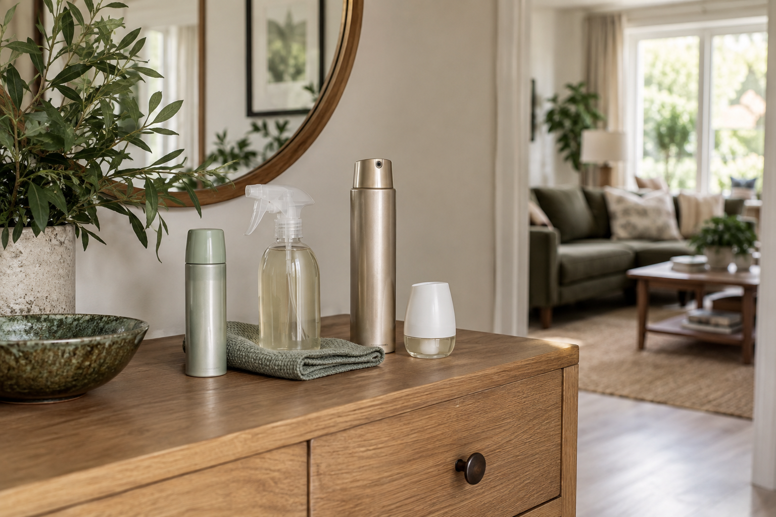 Spray deodorant, cleaning spray, hairspray and air freshener with a cloth on an oak dresser