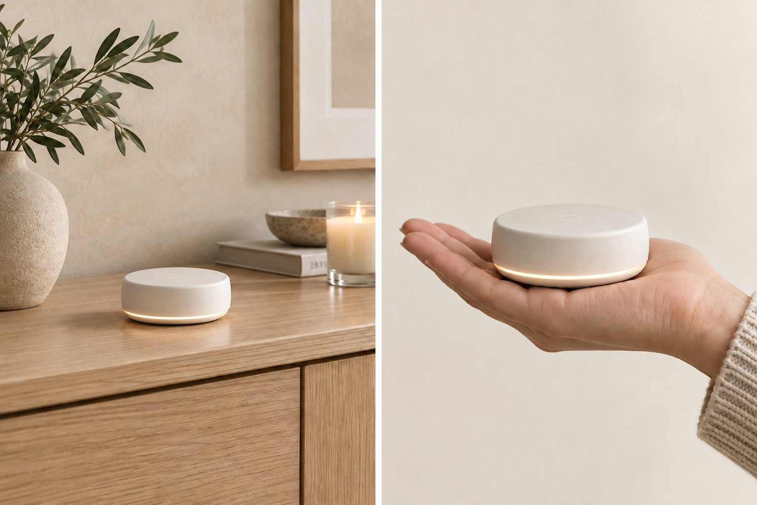 Cream SYRA air monitor with a soft illuminated base band on an oak sideboard near a candle